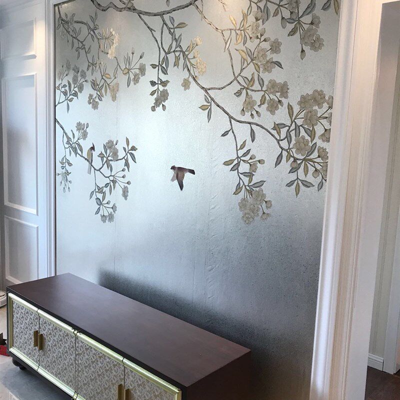 金箔新款作旧手绘墙纸背景墙香槟箔手工花鸟电视背景墙纸