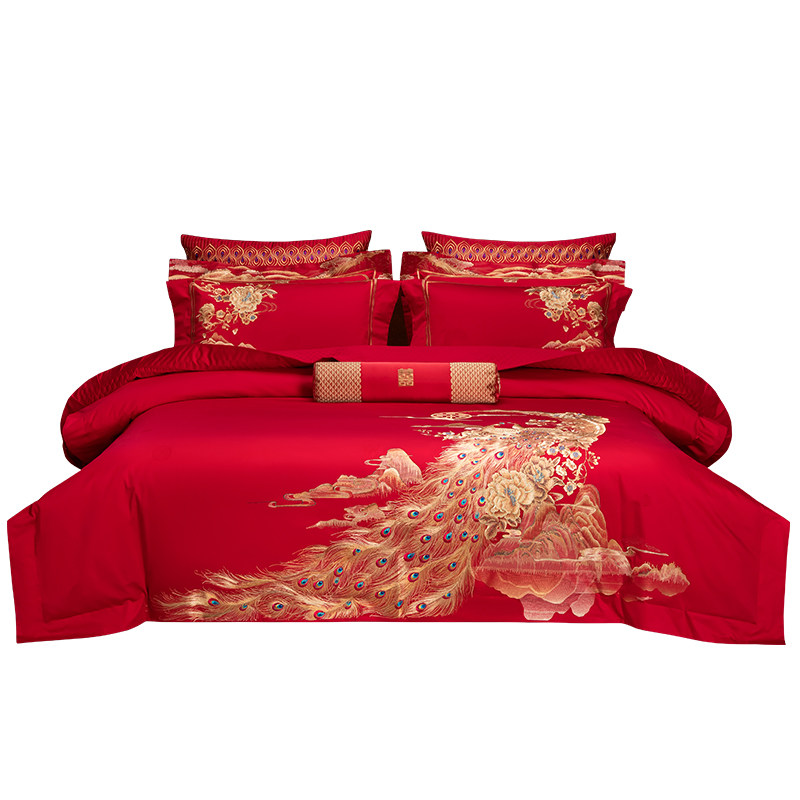 新中式婚庆e牀上用品四件套大红色牀单刺绣喜庆被套结婚十件套,床上用品,婚庆床品套件,淘宝优惠券,粉丝福利购,淘宝优惠卷