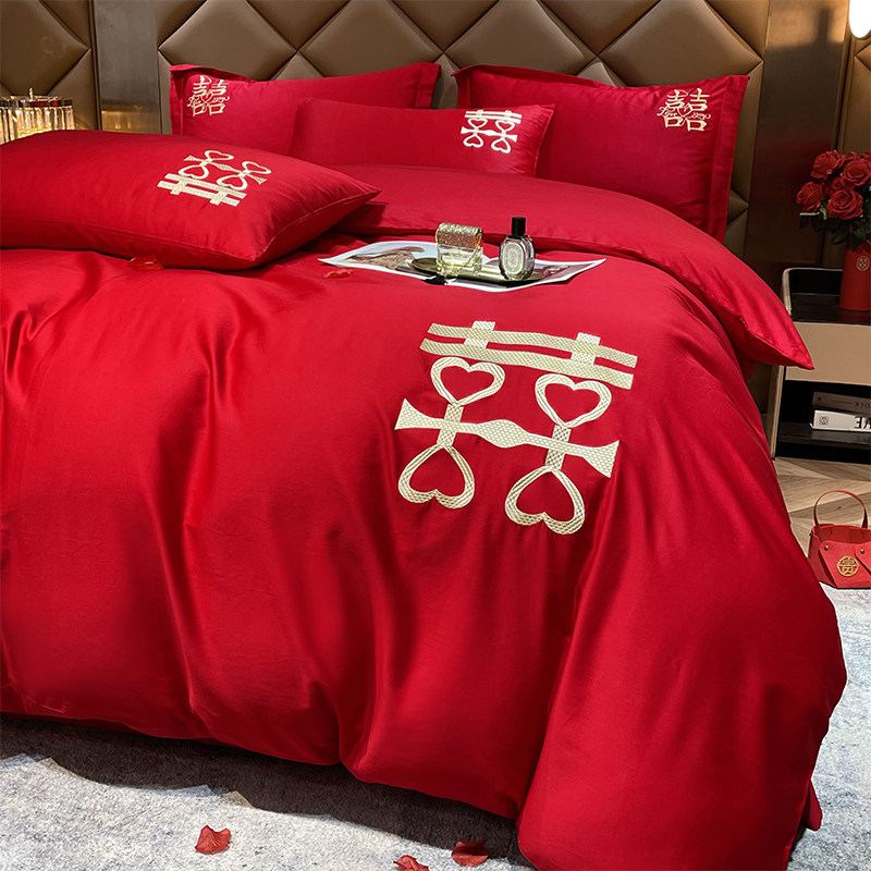 结婚四件套大h红全棉简约刺绣中式新房婚庆床上用品喜被床单笠,床上用品,婚庆床品套件,淘宝优惠券,粉丝福利购,淘宝优惠卷