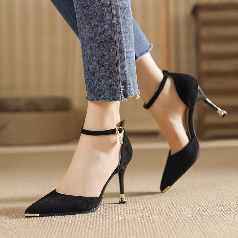 凉鞋女款202i5年新款夏季外穿细跟单鞋尖头浅口不累脚黑色高跟鞋