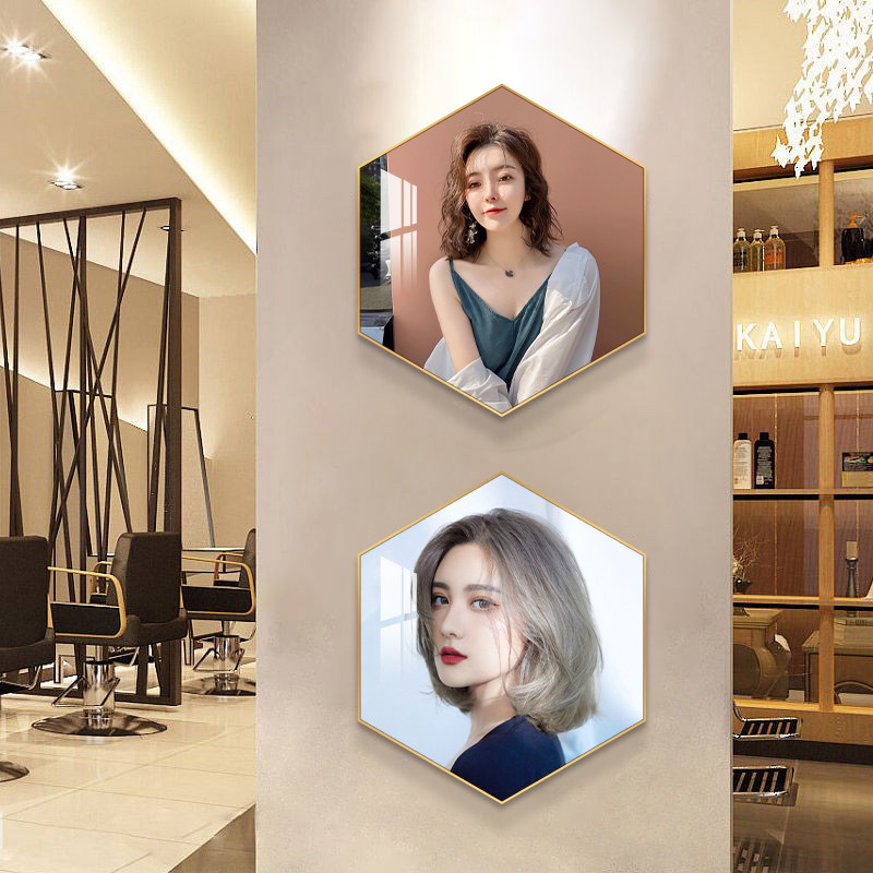 理发店墙面装饰画发廊网红发型图片六边形美发店挂画沙发背景墙画