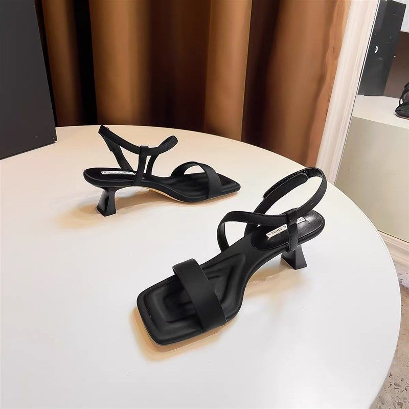 3CM低跟凉鞋h女软皮细跟高跟鞋女一字带魔术贴防掉凉鞋露趾女鞋子