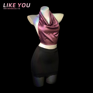 秘书内衣蕾丝 qqny性感荡领挂脖露背缎面包臀裙套装 Like You小胸款