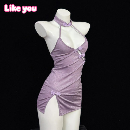Like You紫色性感挂脖连衣裙qqny女纯欲风辣妹修身显瘦包臀短裙