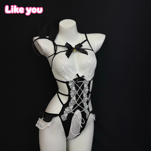 Like  You性感兔女郎cos制服蕾丝绑带镂空连体衣纯欲角色扮演qqny