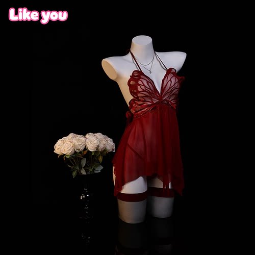Like You性感纯欲风睡裙女蝴蝶透明制服睡衣qqny挂脖情调内衣诱惑