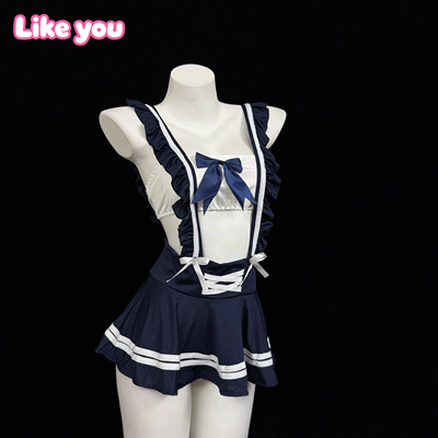 LikeYou性感蝴蝶结抹胸吊带超短裙学生装qqny清纯露背cos女仆制服