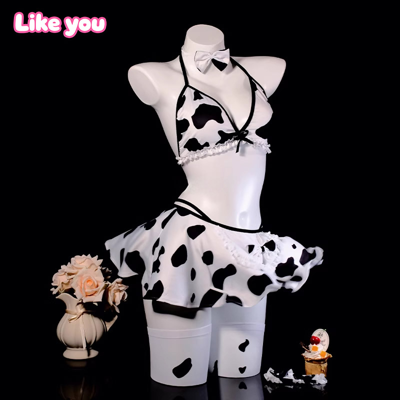 LikeYou奶牛印花减龄可爱少女挂脖低胸V领小背心半身裙夜店qqny女