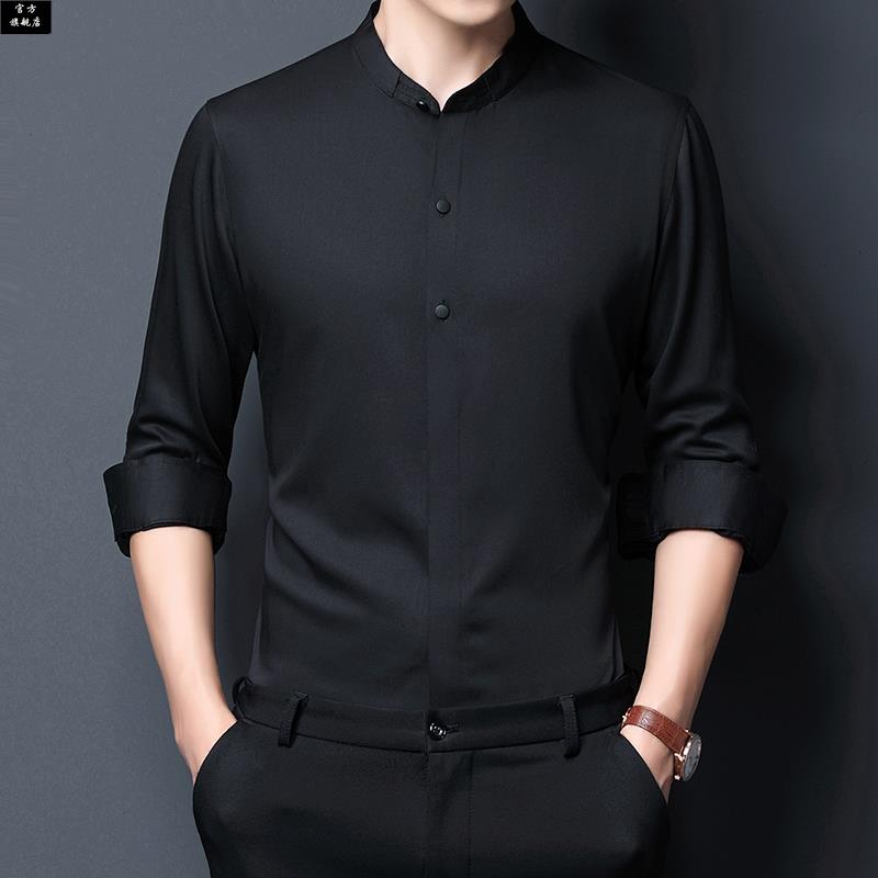 保罗官方立领衬衫男长袖夏季薄款无领男装爸爸秋装衬衣舞服上衣20