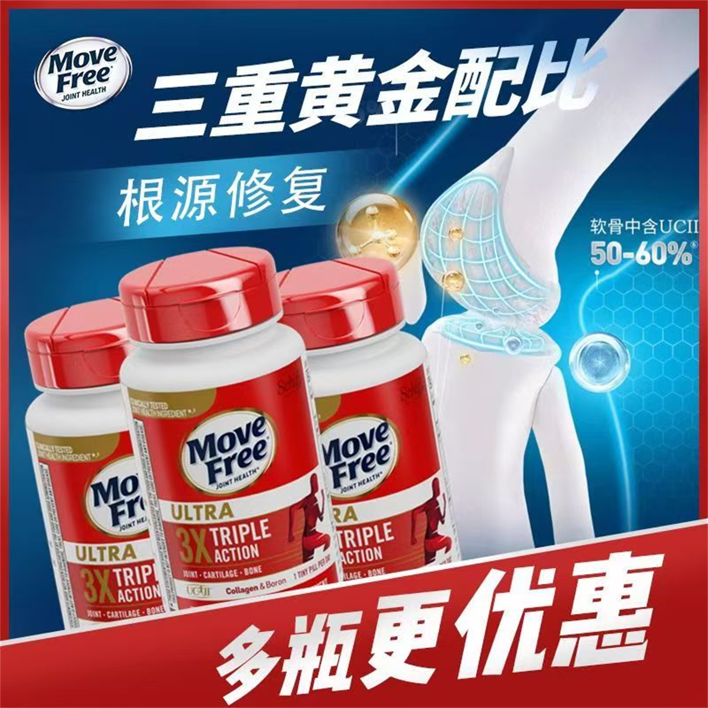 益节美国Schiff Move Free Ultra骨胶原蛋白氨糖软骨素白瓶75粒