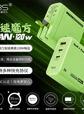 【国家3C认证】RBS/睿步仕120W三口闪充客制化氮化镓充电器支持PD100W超级快充适用华为荣耀苹果iPhone17