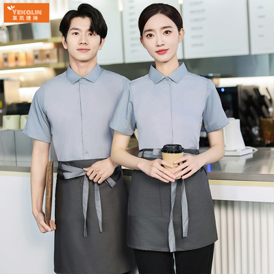 夏季斜纹服务员工作服短袖衬衫咖啡厅奶茶店工装印字西餐厅工装