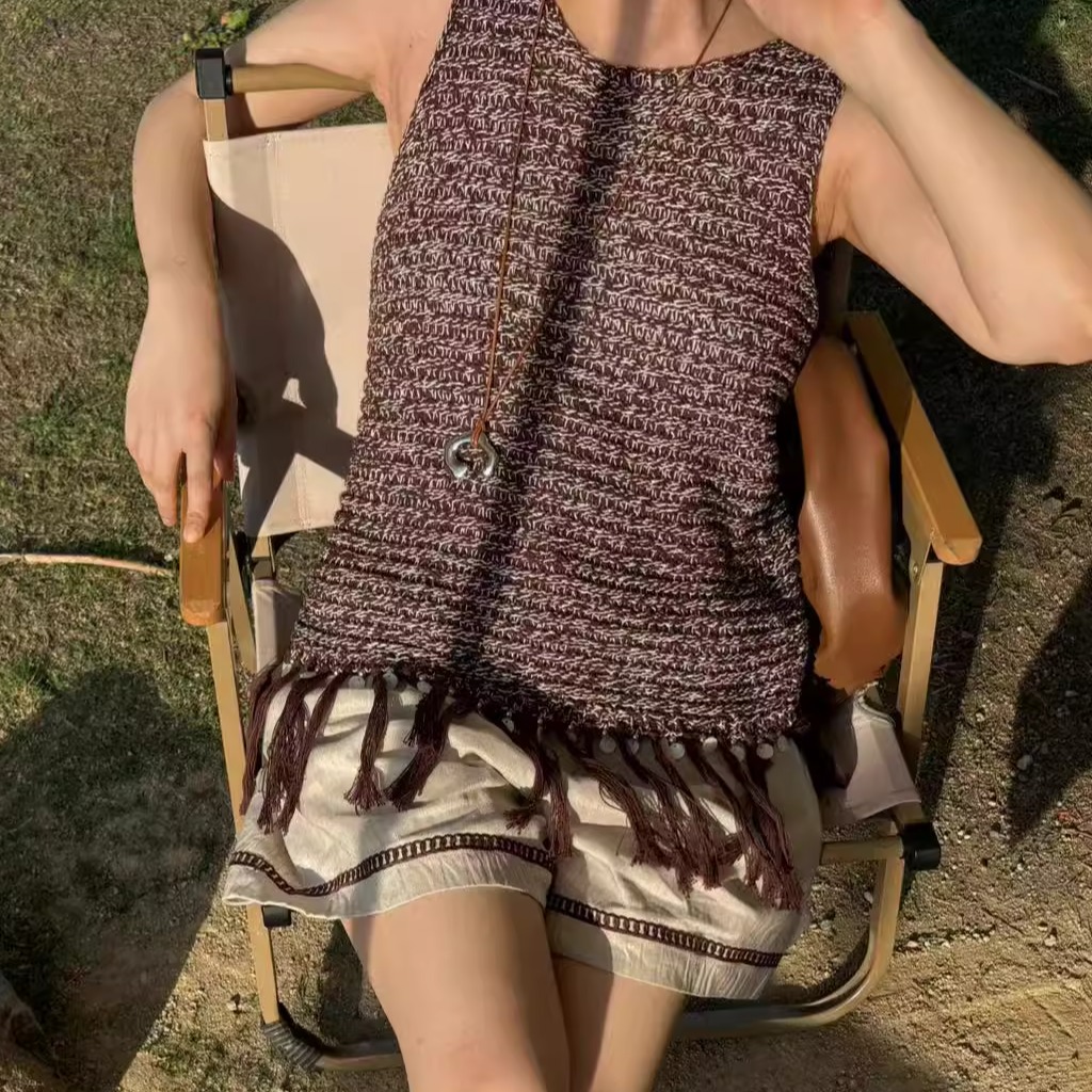 2025新款棕色米色波西米亚民族风吊带针织上衣流苏圆领背心