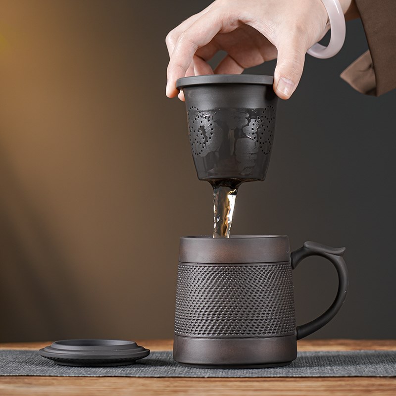 覆古紫陶办公杯茶杯水杯男士茶水分离带过滤带手柄盖子带礼盒