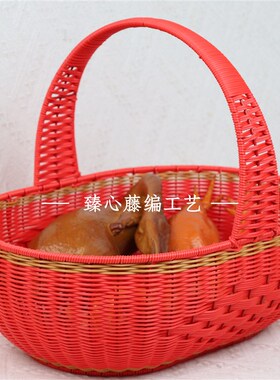 TY48红色特大号】仿藤婚庆结婚送礼乔迁回娘家野餐采摘购物手提篮