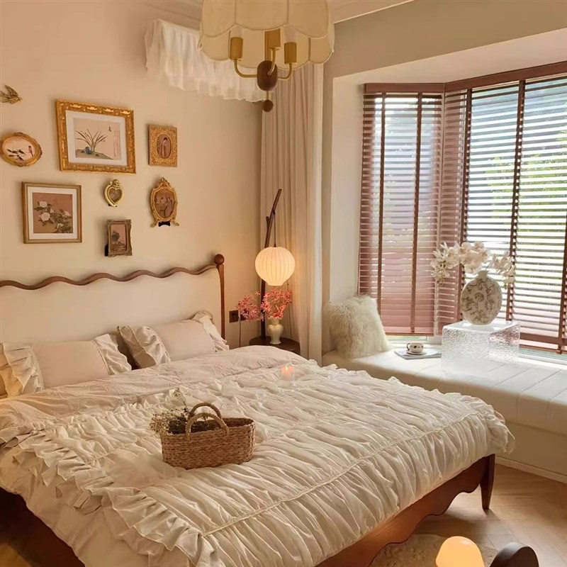 法式覆古实木床涟漪波浪软包双人床中古风小户型1米8床主卧床婚床