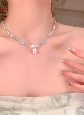 夏日彩色天然石珍珠小花串珠项链女轻奢高级感小众颈链配饰锁骨链
