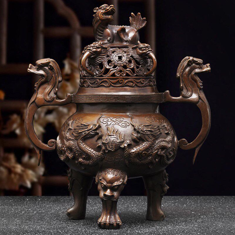 彩铜双龙耳炉大明宣德熏香炉香道茶道香炉家用檀香盘香炉香薰炉