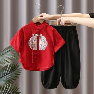 汉服男童夏季2025新款中国风红色喜庆儿童新中式日常薄款短袖套装