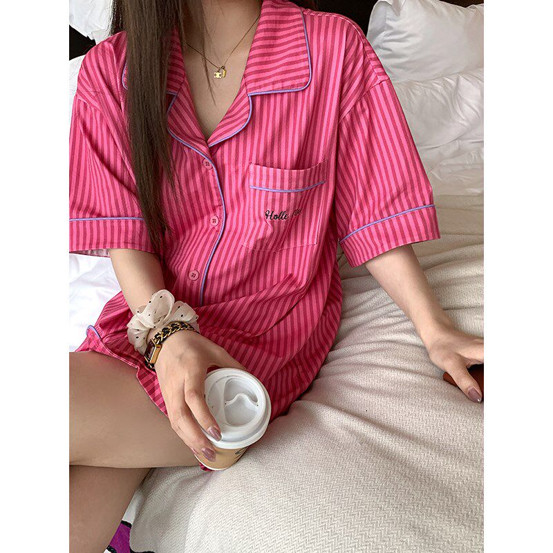 NAZ那子大码夏季新款甜美条纹短袖上衣胖mm宽松短裤女家居服套装