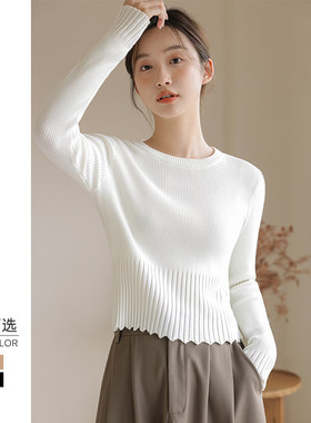 短款羊毛衫女2023年秋冬新款圆领内搭上衣长袖白色针织打底衫毛衣