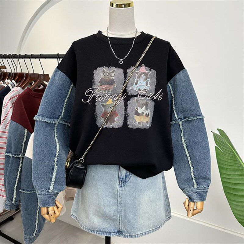 牛仔拼接袖韩版洋气时尚宽松大码短款卫衣女春秋新款爆款小个子