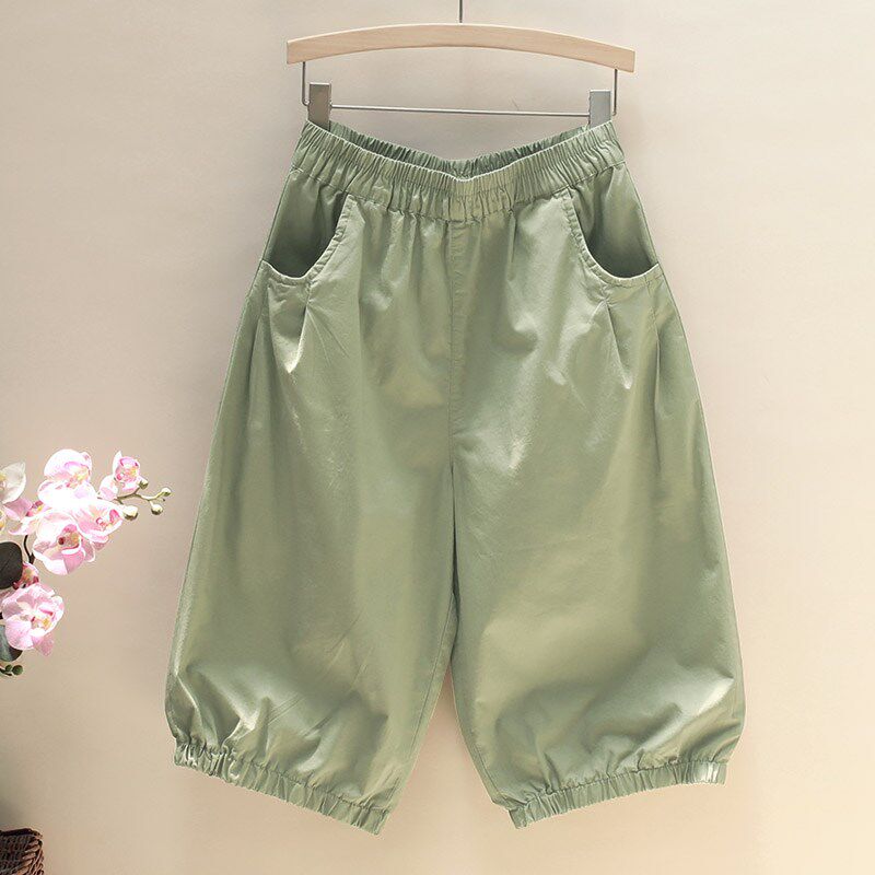 欧货薄款女士休闲裤简约阔腿灯笼裤夏季新款水洗棉五分裤大码中裤