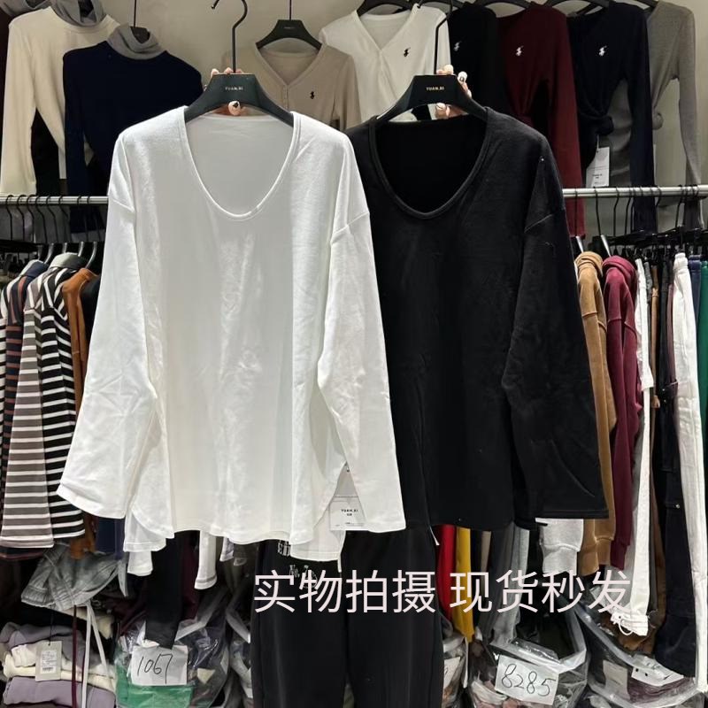元熙A8053中长款磨毛加绒厚白色打底衫女内搭秋冬V领长袖T恤宽松