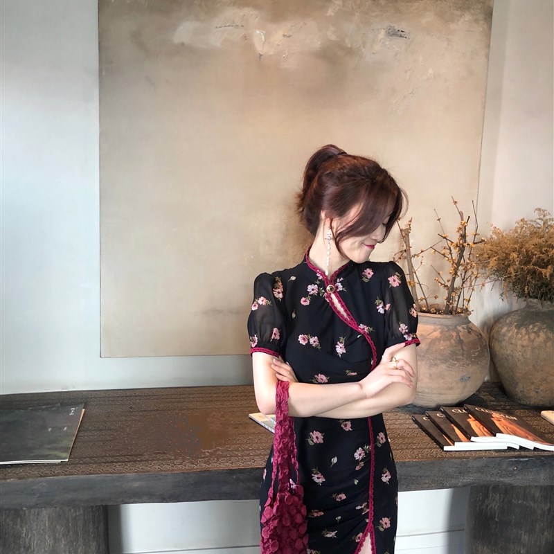 复古酱玫红 美姬旗袍少女年轻款2022秋冬新款修身低开衩日常改良
