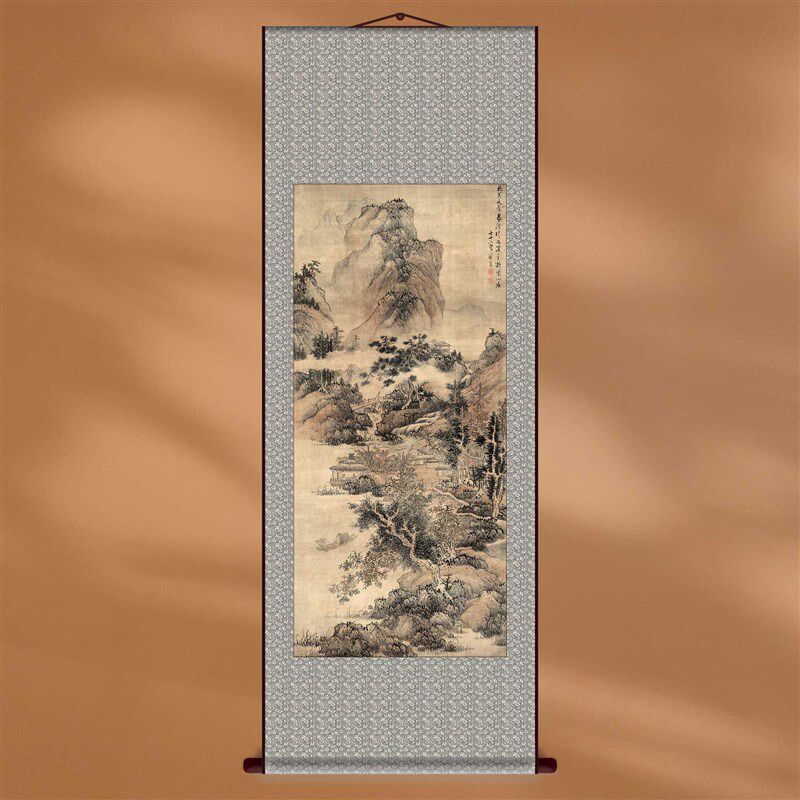 中国画茅亭话旧图中式竖幅条屏复古装饰画玄关端景台客厅挂画定制