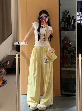 175高个子加长版黄色波点裤女夏季薄款宽松慵懒风直筒垂感阔腿裤