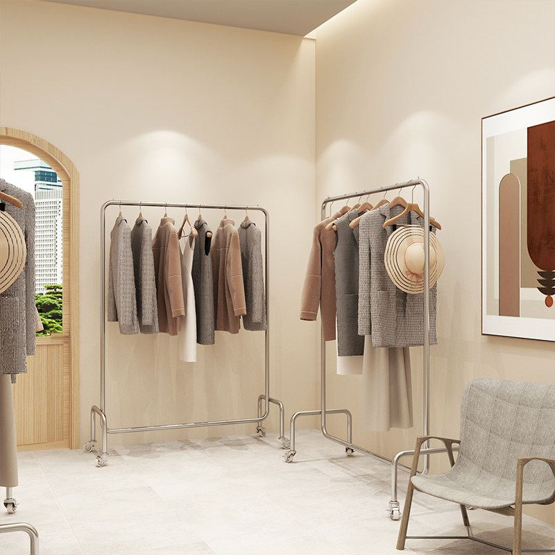 服装店展示架落地式不o锈钢拉丝带轮子银色挂衣杆女装店货架陈列