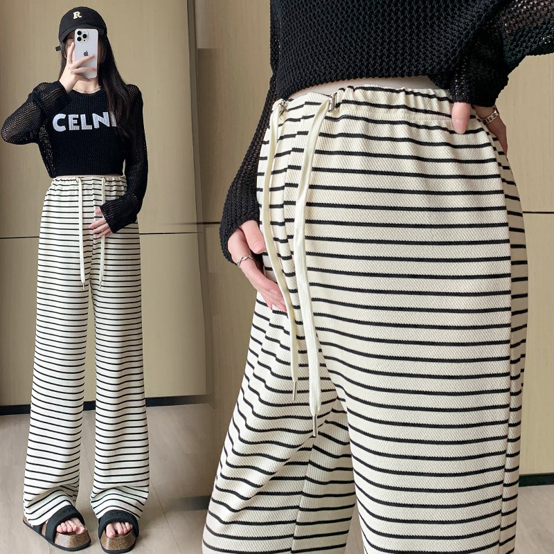 孕妇条纹阔腿裤女春秋冬款外穿2024新款抽绳无托腹裤子春季休闲裤