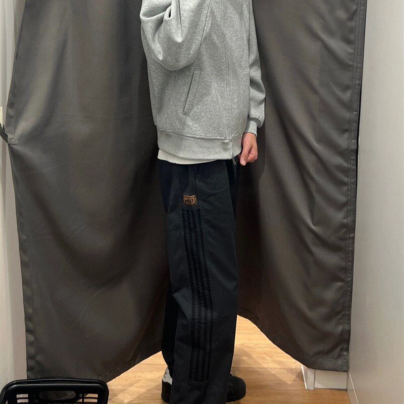 美式复古条纹贴标直筒宽松休闲阔腿裤男女百搭春秋简约款垂坠感裤