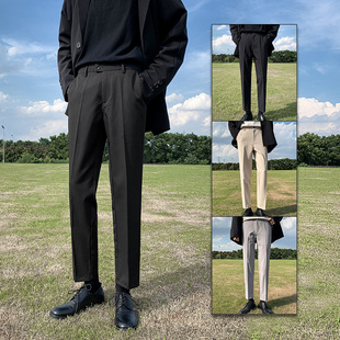 黑色西裤男直筒宽松加绒韩版潮流修身小脚垂感休闲九分西装裤套装