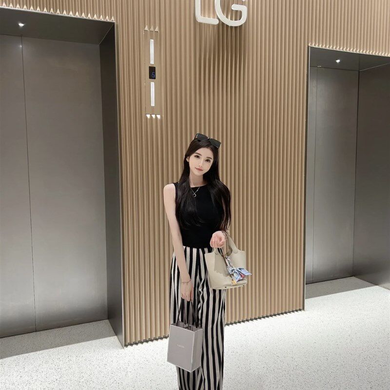 黑白条纹缎面高腰大脚裤阔腿裤显瘦显大长腿宽松裤子女薄款