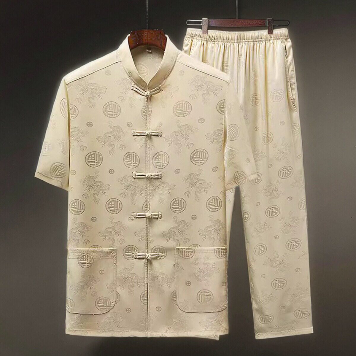 太极服唐装男款夏季中老年衣服男款爸爸冰丝短袖爷爷国风男装套装