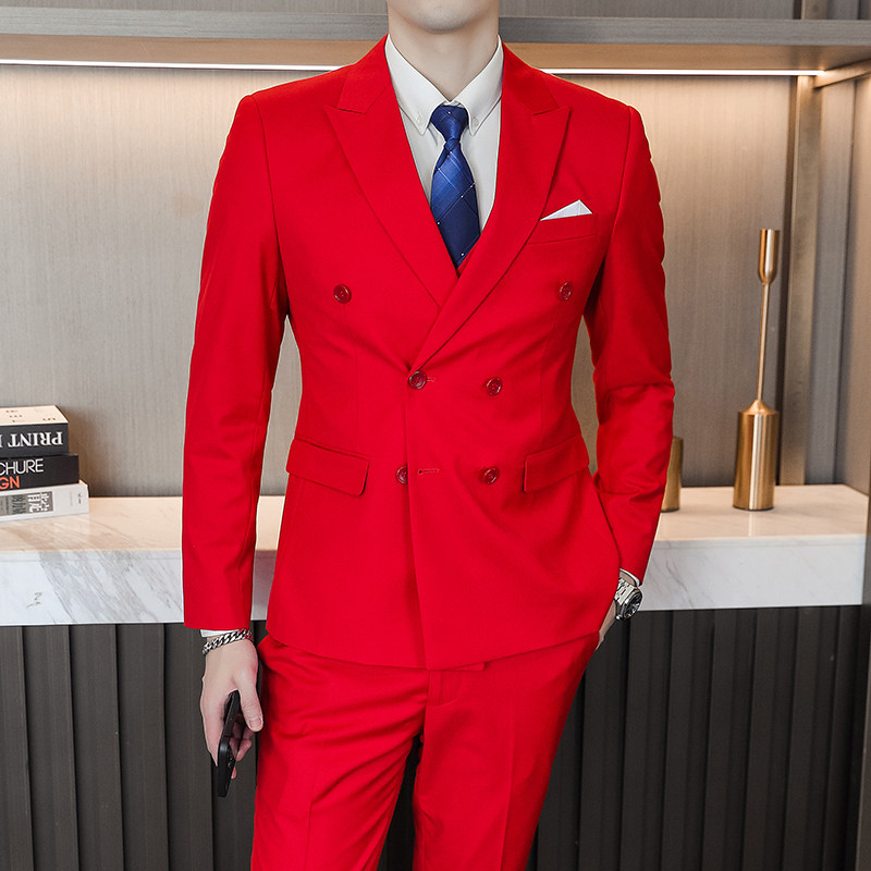 双排扣西服套装男士加肥大尺码商务休闲正装西装新郎结婚礼服三件