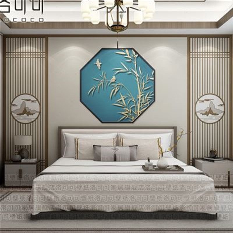 新中式电视背景墙壁纸客厅壁布沙发影视墙纸卧室壁画花鸟墙布2022