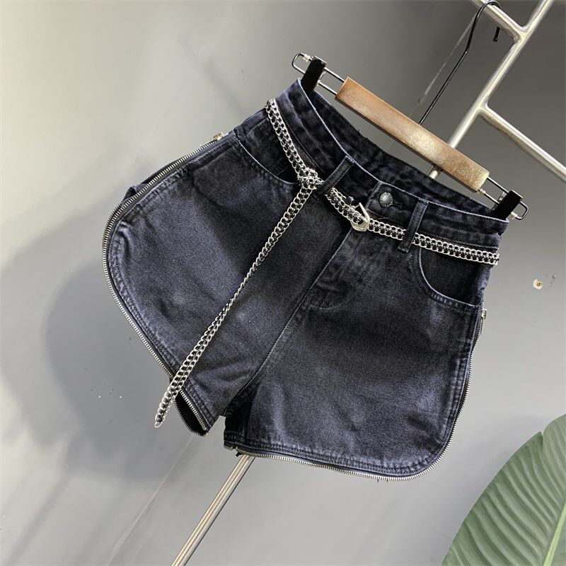 欧货2024春夏新款个性拉链圆弧形设计感黑色牛仔短裤时尚辣妹热裤