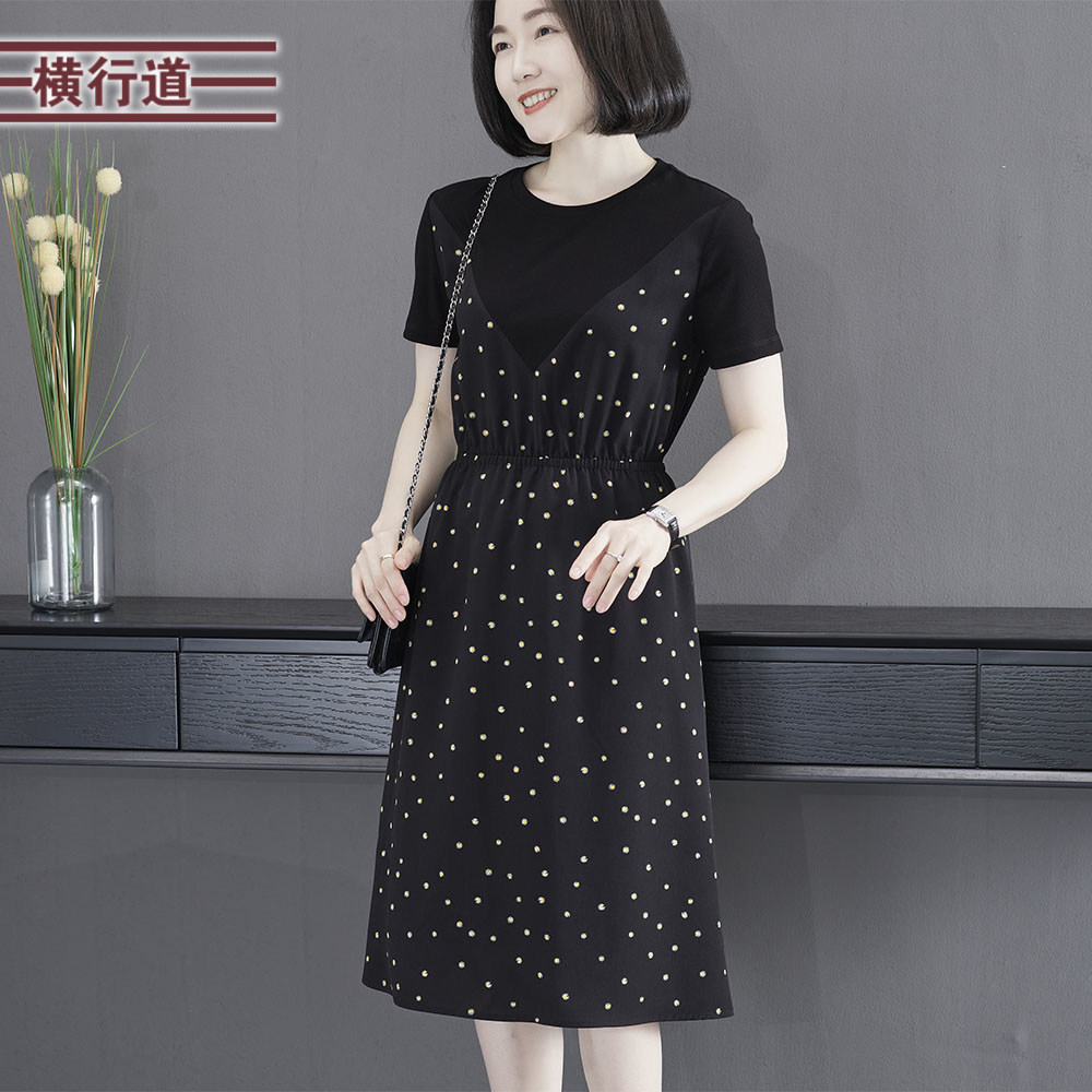 2025夏季新款简约甜美淑女圆领假两件碎花短袖连衣裙大码女装外穿
