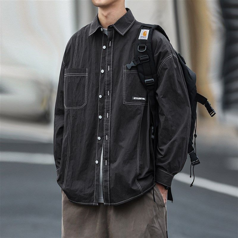 嘿马七作日系复古秋冬款男士宽松翻领衬衫休闲百搭长袖衬衣外套潮