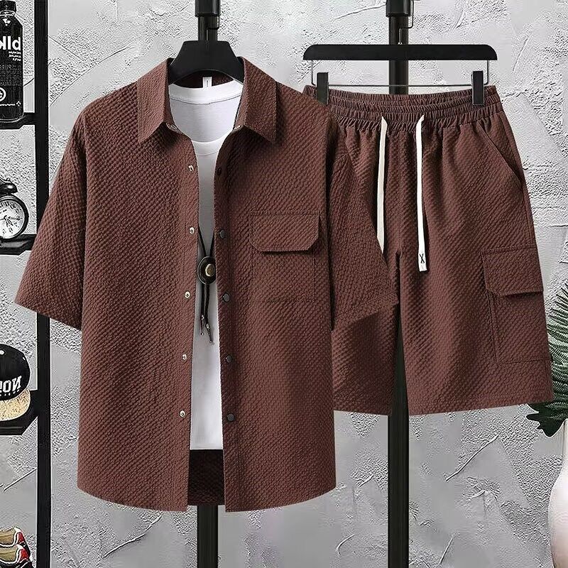 夏季薄款泡泡纱短袖衬衫套装男士潮流冰丝凉感衬衣休闲运动两件套,男装,休闲运动套装,淘宝优惠券,粉丝福利购,淘宝优惠卷