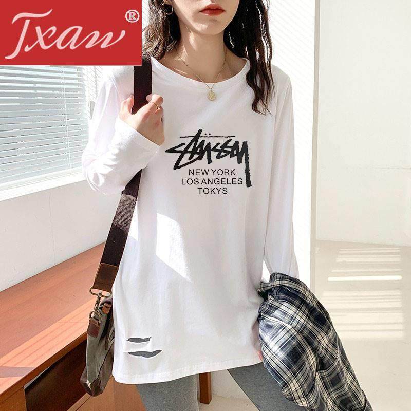 2025春秋新款純棉白色中长款长袖t恤女下摆破洞设计感宽松打底衫