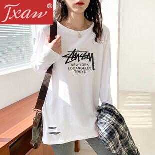 t恤女下摆破洞设计感宽松打底衫 长袖 純棉白色中长款 2025春秋新款