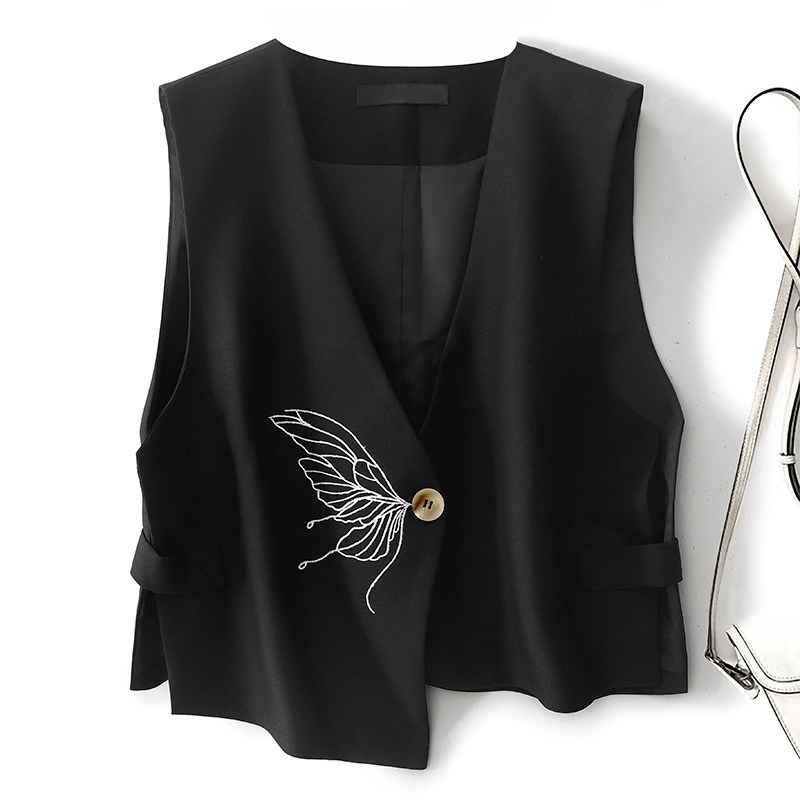 复古高级设计感西装马甲女短款春秋新款宽松叠穿坎肩刺绣马夹上衣