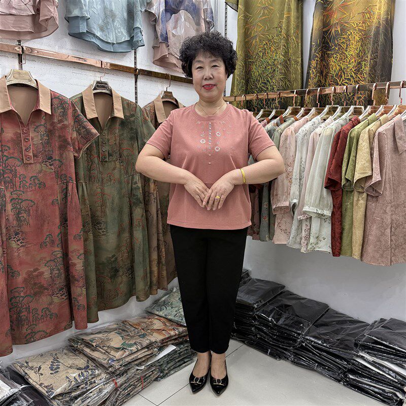 中年妈妈夏装新品圆领文艺t恤衫短袖女2025绣花洋气休闲50岁套装