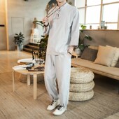 爸爸长袖 T恤40 50岁中老年人棉麻宽松父亲夏装 夏天中年男装 套装