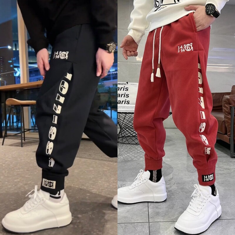 2024秋冬款加绒休闲长裤男士潮牌字母刺绣小脚裤宽松束脚运动卫裤