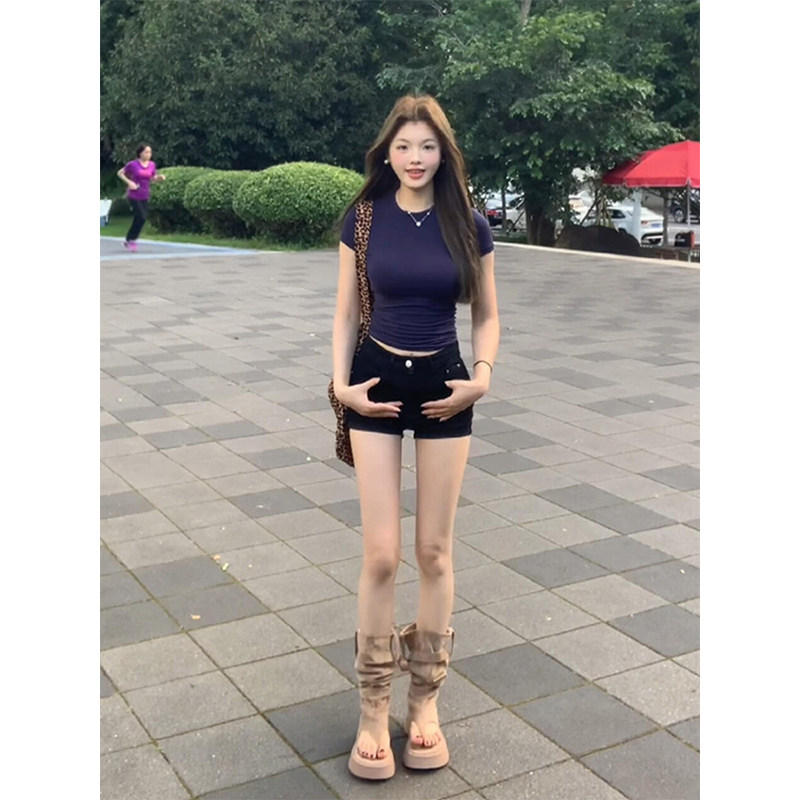 美式复古黑色牛仔短裤女夏季高腰显瘦百搭a字直筒阔腿裤辣妹热裤